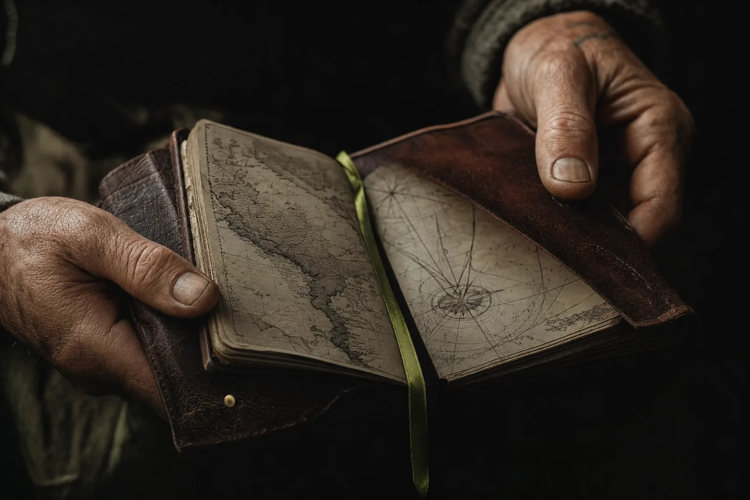 Mains tenant un carnet de voyage ouvert, ruban chartreuse marquant la page