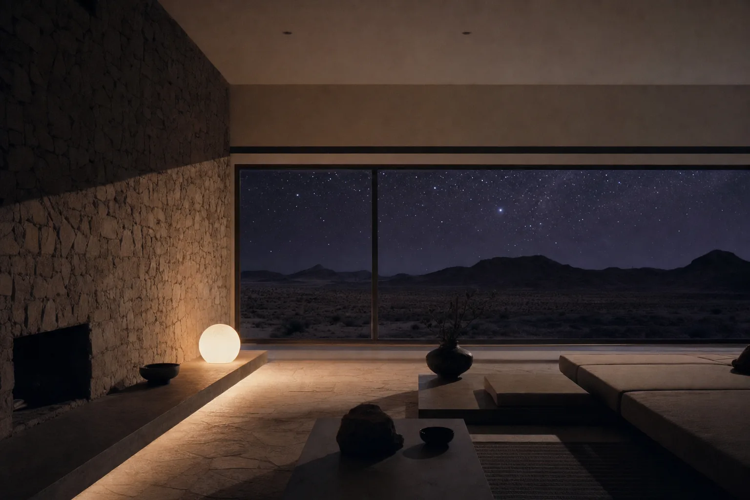 Villa moderniste dans le désert la nuit, éclairée de l'intérieur
